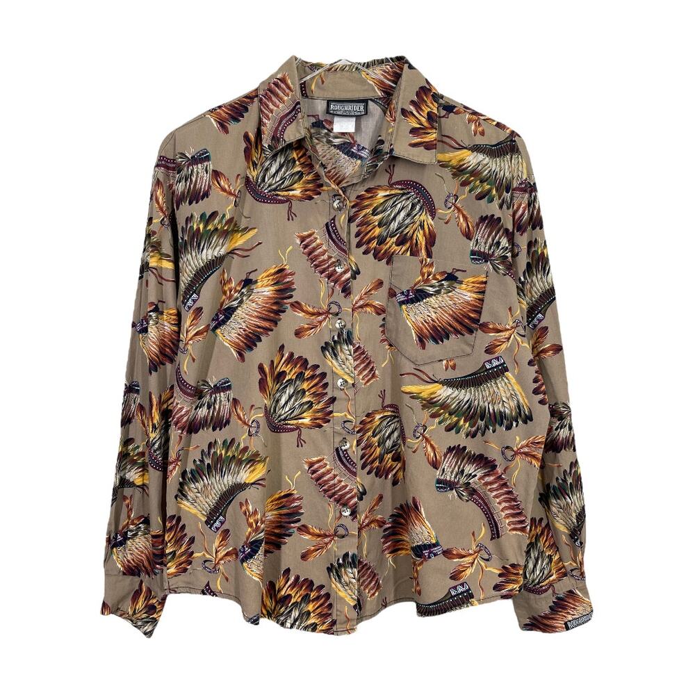 Vintage Rough Rider by Circle T Western Shirt XL Native Headdress Print Country